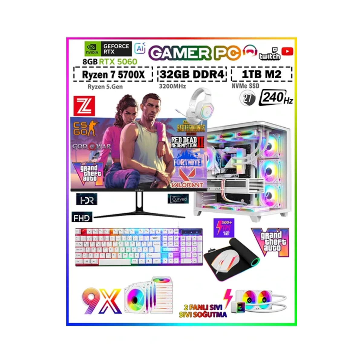 Warrior Eagle X55 White Pro Ryzen 7 5700X 32GB 1TB M.2 SSD RTX5060 27" 240Hz Sıvı Soğutmalı Premium Oyuncu Bilgisayar